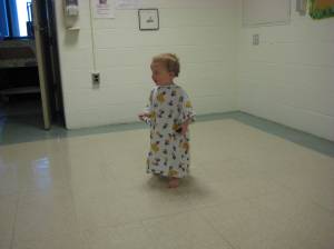 In his scrubs, waiting his turn