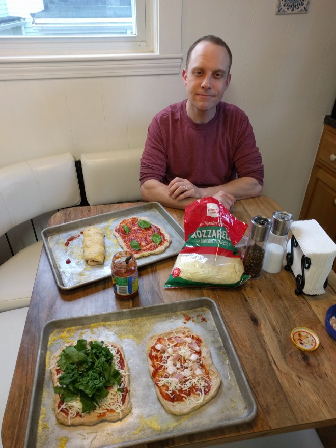 Pizza - store bought dough. We can make our own though.