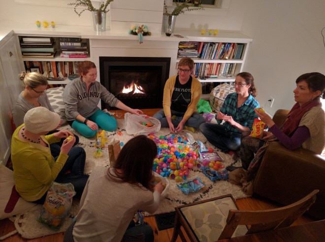 Stuffing eggs for an egg hunt