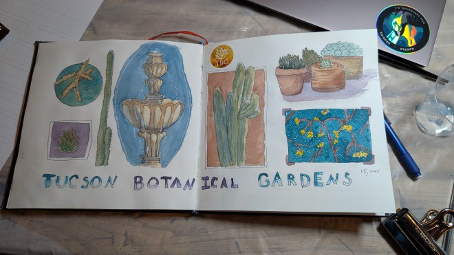 A two page spread of watercolor and ink vignettes from the Botanical Gardens, including a fountain, some cacti, and a small set of pots.