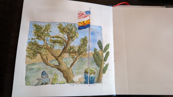 A watercolor of a figure under a tree with a flag breaking through the frame